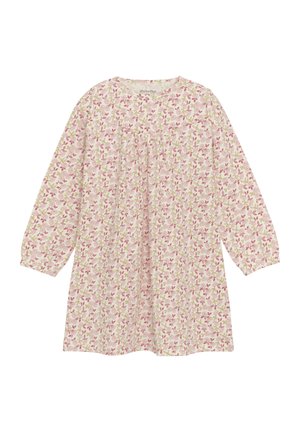 Bloemendruk jurk met lange mouwen, gemaakt van zachte stof. Lichtroze achtergrond met kleine groene bladeren en roze bloemen. Ronde halslijn, losse pasvorm.