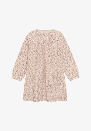 Blumengemustertes Kleid mit langen Ärmeln, aus weichem Stoff. Heller rosa Hintergrund mit kleinen grünen Blättern und pinken Blumen. Rundhalsauschnitt, lockere Passform.