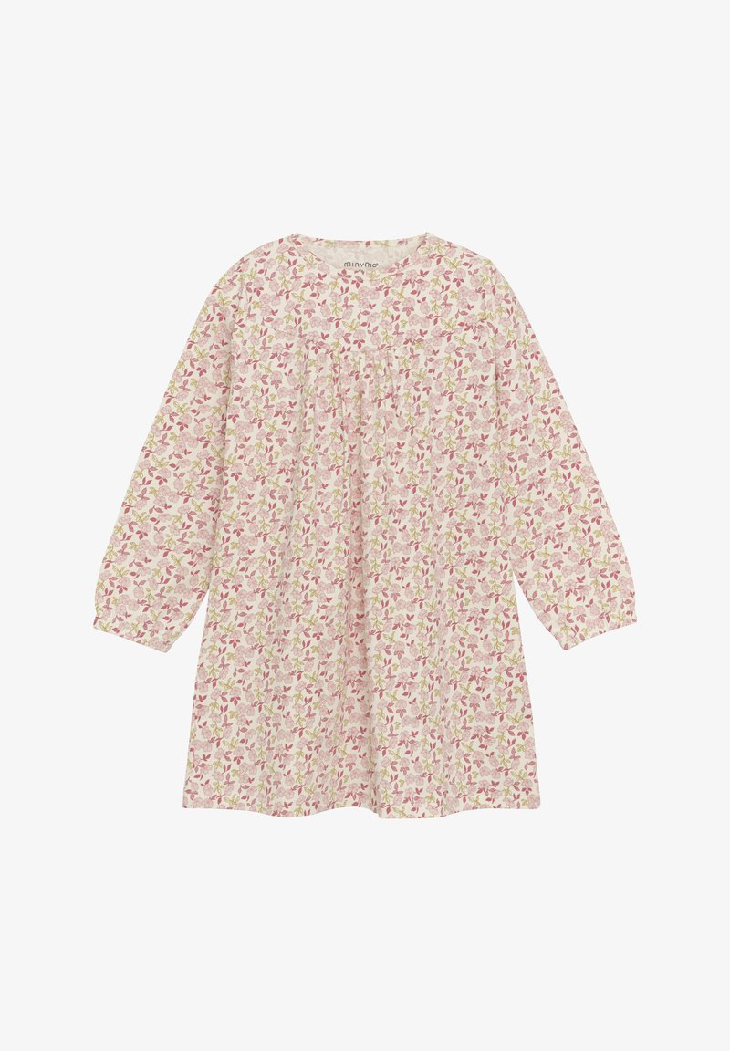 Floral printed dress with long sleeves, made of soft fabric. Light pink background with small green leaves and pink flowers. Round neckline, loose fit.