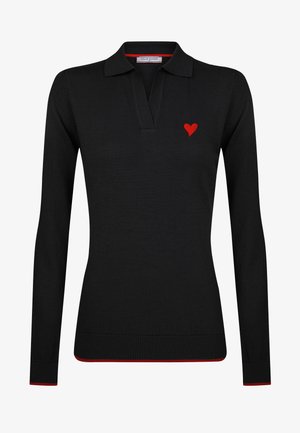 Zwarte lange mouwen polo met een rood hartlogo op de borst, voorzien van een geribde kraag en zoom met contrasterende rode accenten.