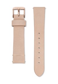 Bracelet de montre en cuir beige clair avec une texture lisse, doté d'une boucle en métal rose doré et de trous ajustables pour le maintien.