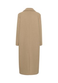 Cappotto lungo color cammello realizzato in un morbido misto lana, con colletto a scollo e silhouette dritta con maniche lunghe.