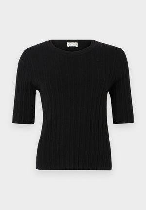 Schwarzes, geripptes Kurzarmoberteil mit Rundhalsausschnitt, aus einem dehnbaren Strickmaterial gefertigt. Das Design hat vertikale Streifen für zusätzliche Textur.