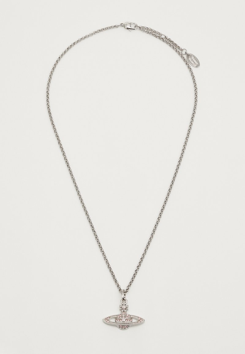Silver chain necklace featuring a pendant with a circular design, adorned with small pink gemstones and a fine detailing.