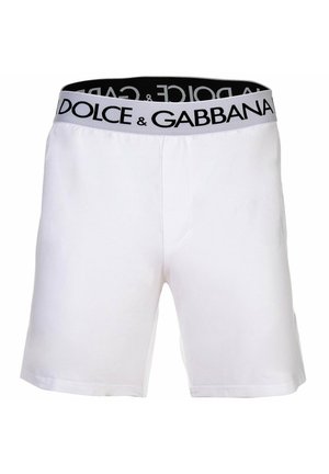 Białe bokserki męskie z szerokim białym elastycznym paskiem z czarnym napisem logo „Dolce & Gabbana”.