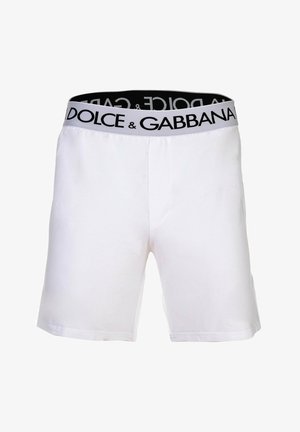 Białe bokserki męskie z szerokim białym elastycznym paskiem z czarnym napisem logo „Dolce & Gabbana”.