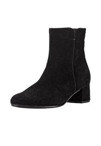 Zwarte suede enkellaars met een spitse neus, middelmatige blokhak en een rits aan de zijkant. Glad oppervlak met minimale stikseldetails.