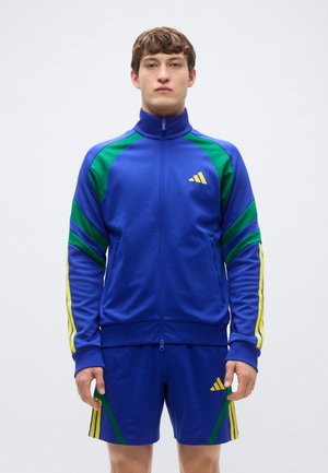 Giacca sportiva azzurra con strisce verdi e gialle, dotata di colletto alto e chiusura con zip. Pantaloncini coordinati azzurri con dettagli gialli.