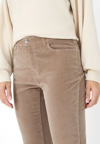 Brune fløjlsbukser med en glat tekstur, fem-lomme design og en skinnende sølvknap i taljen. En cremefarvet top er delvist synlig.
