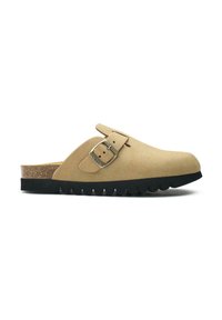 Tan suede clog featuring a buckle strap, a cork midsole, and a textured black rubber outsole with a scalloped edge.