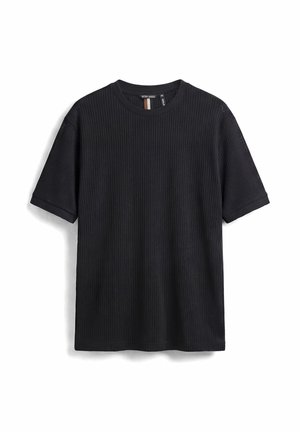 Black ribbed short-sleeve crew neck T-shirt with rolled cuffs, displayed flat against white background.