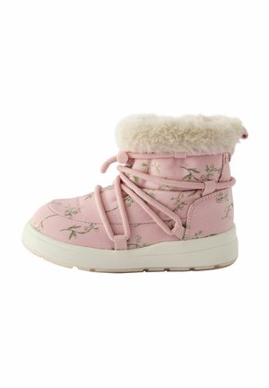 Bottes de neige roses avec imprimé floral, présentant un col en fausse fourrure blanche, des lacets ajustables et une semelle en caoutchouc épaisse.