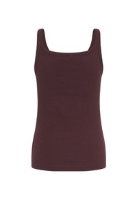 Débardeur bordeaux en tissu extensible avec un décolleté carré et de larges bretelles. Texture lisse, silhouette ajustée et sans motifs visibles.