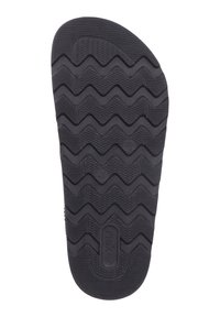 Zwarte rubberen sandaalzool met zigzagprofiel. Beschikt over een gebogen vorm en een gestructureerd oppervlak voor grip. Logo is ingebed in de tussenlat.