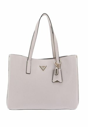 Borsa tote grigia chiara con due manici, realizzata in materiale testurizzato. Presenta un'etichetta con logo dorato e un'etichetta staccabile con dettagli in metallo.