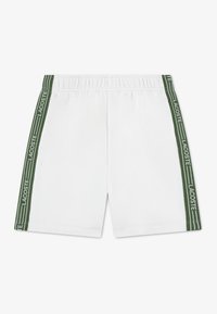 Λευκό αθλητικό σορτς με πράσινες πλευρικές ρίγες που φέρουν την επιγραφή "LACOSTE." Κατασκευασμένο από ελαφρύ ύφασμα, διαθέτει ελαστική μέση για άνεση.
