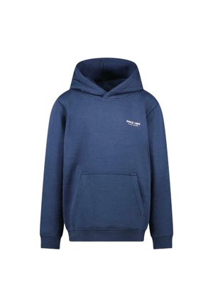 Navyblauwe sweatshirt met capuchon, lange mouwen, een voorzak en witte tekst "SINCE 1982" op de borst. Zachte stof met een gladde textuur.
