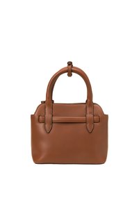 Braune Lederhandtasche mit runden Griffen, strukturiertem Design und genähten Details. Verfügt über einen oberen Verschluss und seitliche Akzente.