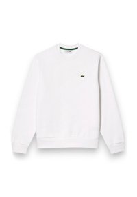 Felpa bianca con collo tondo e polsini a costine. Presenta un piccolo logo verde Lacoste sul petto. Materiale in cotone morbido.