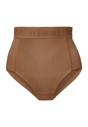 Hochgeschnittene, hautfarbene Unterhosen aus einem glatten, transparenten Material. Mit einem weichen, elastischen Bund und dem Logo "ITEM m6".