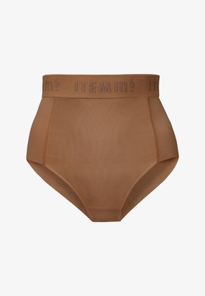 Hooggesneden, huidskleurige slip met een gladde, doorzichtige textuur. Beschikt over een zachte, elastische tailleband met 'ITEM m6' logo detail.