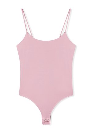 Body rosa con spalline sottili, superficie liscia, scollatura a barca e chiusura a scatto sul fondo per un fissaggio sicuro.