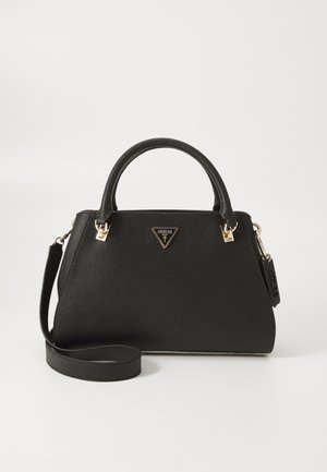 Musthave musta sünteetiline käekott, millel on struktureeritud disain, kuldne riistvara, keskel logo, kahekordne ülemine käepide ja eemaldatav õlarihm.