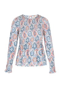 Langærmet bluse i letvægtsstof med et multicolor geometrisk mønster i blå, rød og hvide nuancer. Smocked talje detaljer.