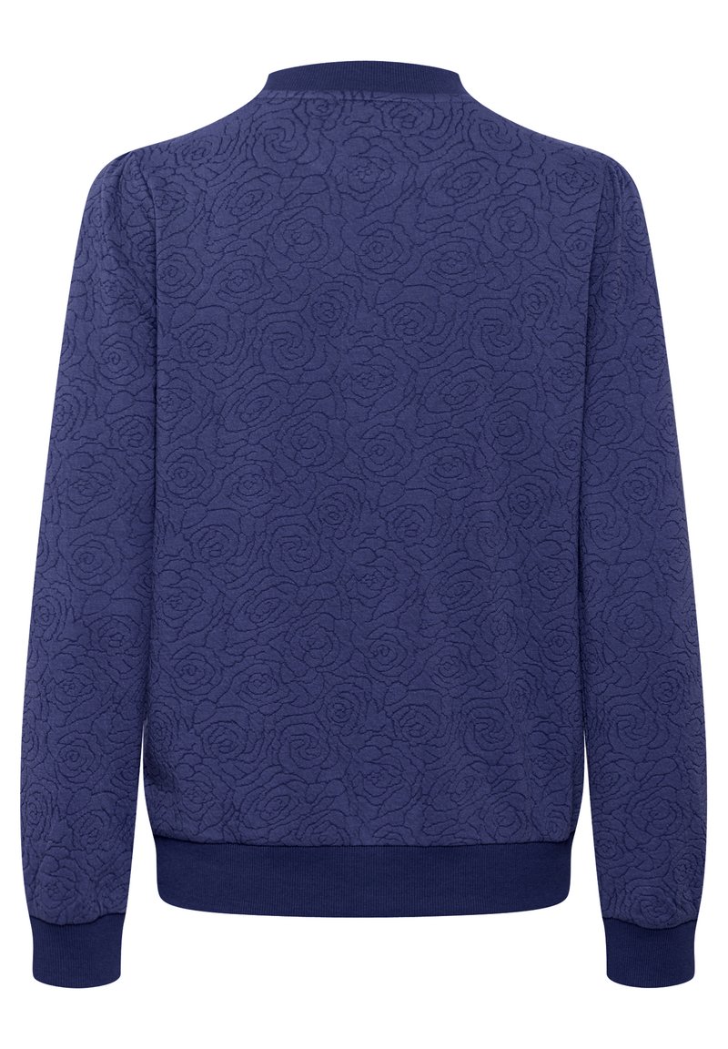Marineblaue Sweatshirt mit einem strukturierten Blumenmuster, geripptem Rundhalsausschnitt sowie gerippten Bündchen und Saum. Aus weichem Stoff gefertigt.