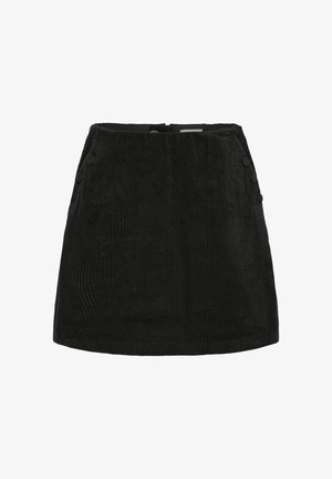 Črna kord flanelasta mini krila z teksturirano površino, ki se ponaša z visokim pasom in štirimi gumbi na straneh.