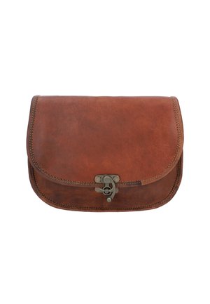 Braune Lederhandtasche mit rechteckiger Form, ausgestattet mit einem Metallverschluss und genähten Kanten. Glatte Oberfläche mit einem subtilen Glanz.