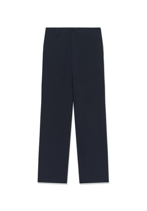 Námořnicky modré kalhoty rovného střihu z hladké látky. Mají přední zapínání na knoflíky a standardní kapsy po stranách.