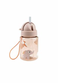 Plastic water bottle with a pink top, clear body, and a silicone strap. Features an illustration of an elephant and a kite among clouds.