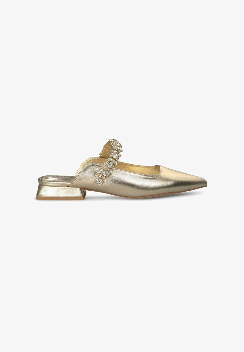 Gouden metallic slingback schoen met een puntige neus en platte hak, voorzien van een decoratieve band met duidelijke accenten over de wreef.