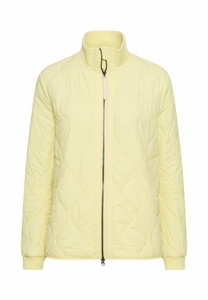 Lichtgele doorgestikte jas met hoge kraag, lange mouwen, geribbelde manchetten en een zwarte tweerichtingsrits aan de voorkant.