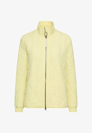 Lichtgele doorgestikte jas met hoge kraag, lange mouwen, geribbelde manchetten en een zwarte tweerichtingsrits aan de voorkant.