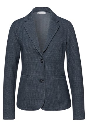 Veste pour femme texturée gris foncé avec revers crantés, deux boutons, manches longues et deux poches passepoilées à l'avant.