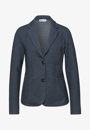 Veste pour femme texturée gris foncé avec revers crantés, deux boutons, manches longues et deux poches passepoilées à l'avant.