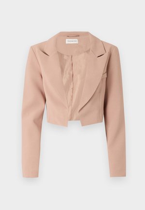Kraftet blazer i lys rosa, med snittkrage, lange ermer og glatt stoff med et rent, uutsmykket design.