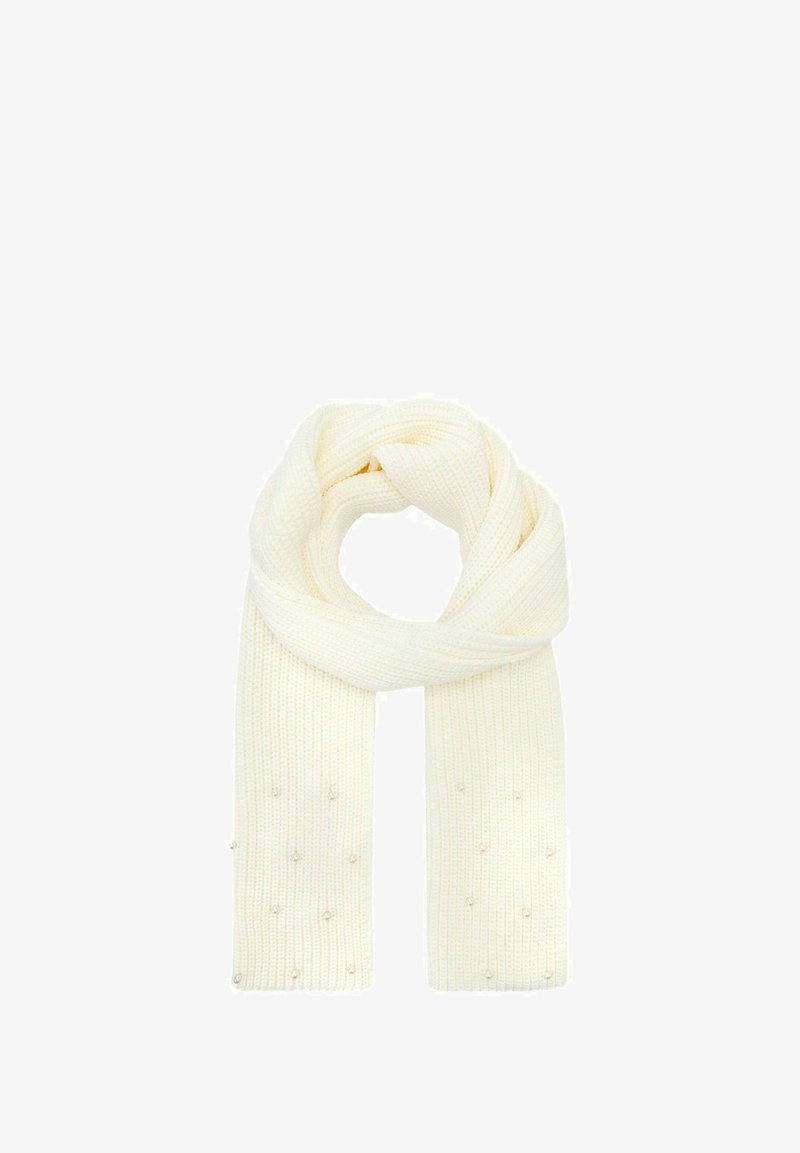 Biała dzianinowa chusta z teksturowanym wzorem, ozdobiona małymi perłami, zapewniająca przytulne wrażenie i elegancki wygląd.