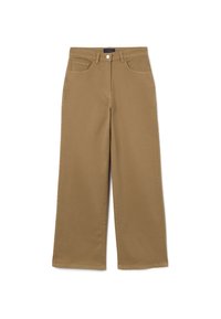 Pantalones de pierna ancha color caqui en tejido de mezcla de algodón, con cierre frontal de botón, dos bolsillos laterales y un acabado limpio.