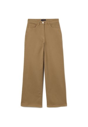 Pantalones de pierna ancha color caqui en tejido de mezcla de algodón, con cierre frontal de botón, dos bolsillos laterales y un acabado limpio.