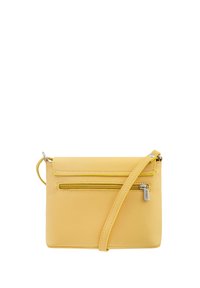 Borsa a tracolla gialla in pelle con finitura testurizzata, tasca frontale con zip e tracolla regolabile. Design semplice e forma compatta.