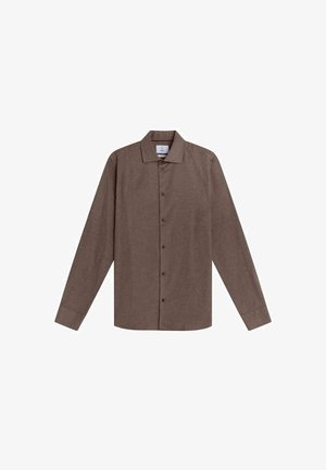 Brun långärmad skjorta med knäppning framtill, standardkrage och slät textur. Enkel design utan mönster eller detaljer.