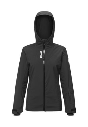 Veste imperméable noire à capuche avec fermeture éclair à l'avant et logo sur le côté gauche de la poitrine et sur la manche gauche, dotée de poignets ajustables.