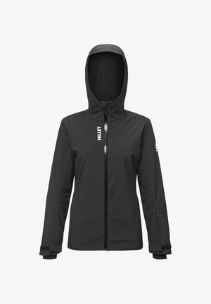 Black hooded waterproof jacket with front zipper and logo on left chest and left sleeve, featuring adjustable cuffs.