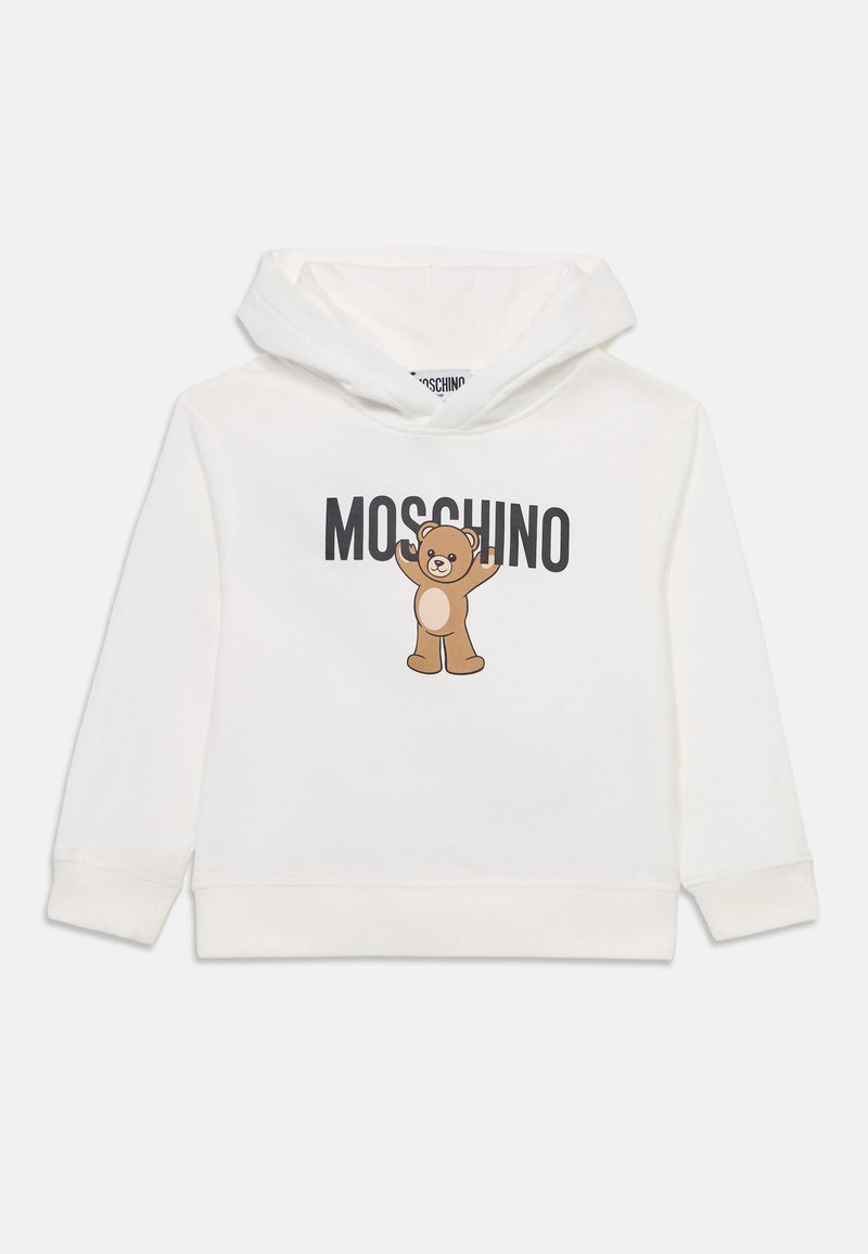 Felpa bianca in cotone con stampa grafica di un orsetto marrone e il testo "MOSCHINO". Presenta un cappuccio con cordino e polsini a costine.
