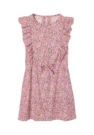 Girls' sleeveless floral dress with pink, purple, and green flowers, ruffled shoulders, and a tied waist belt.