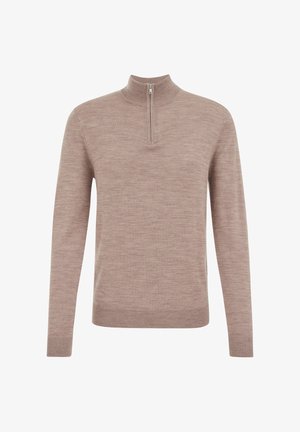 Lichtbruine zip-neck trui gemaakt van een zachte stof. Heeft lange mouwen, geribbelde manchetten en zoom, en een gladde textuur met een minimalistisch ontwerp.