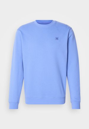 Helles blaues Sweatshirt aus weichem Stoff, mit Rundhalsausschnitt, gerippten Bündchen und einem kleinen, dezenten Logo auf der Brust.